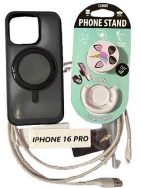 Anker Black Phone Case with Unicorn Pop Socket and Silver Braided Cable